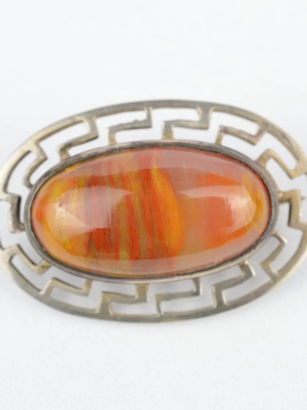 Vintage Art Deco Sterling Silver Red Jasper Agate Greek Key Fret Brooch Pin 4.2g